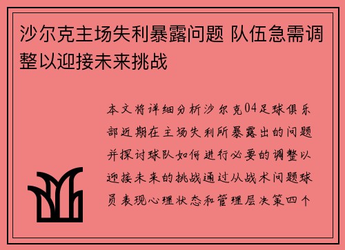 沙尔克主场失利暴露问题 队伍急需调整以迎接未来挑战